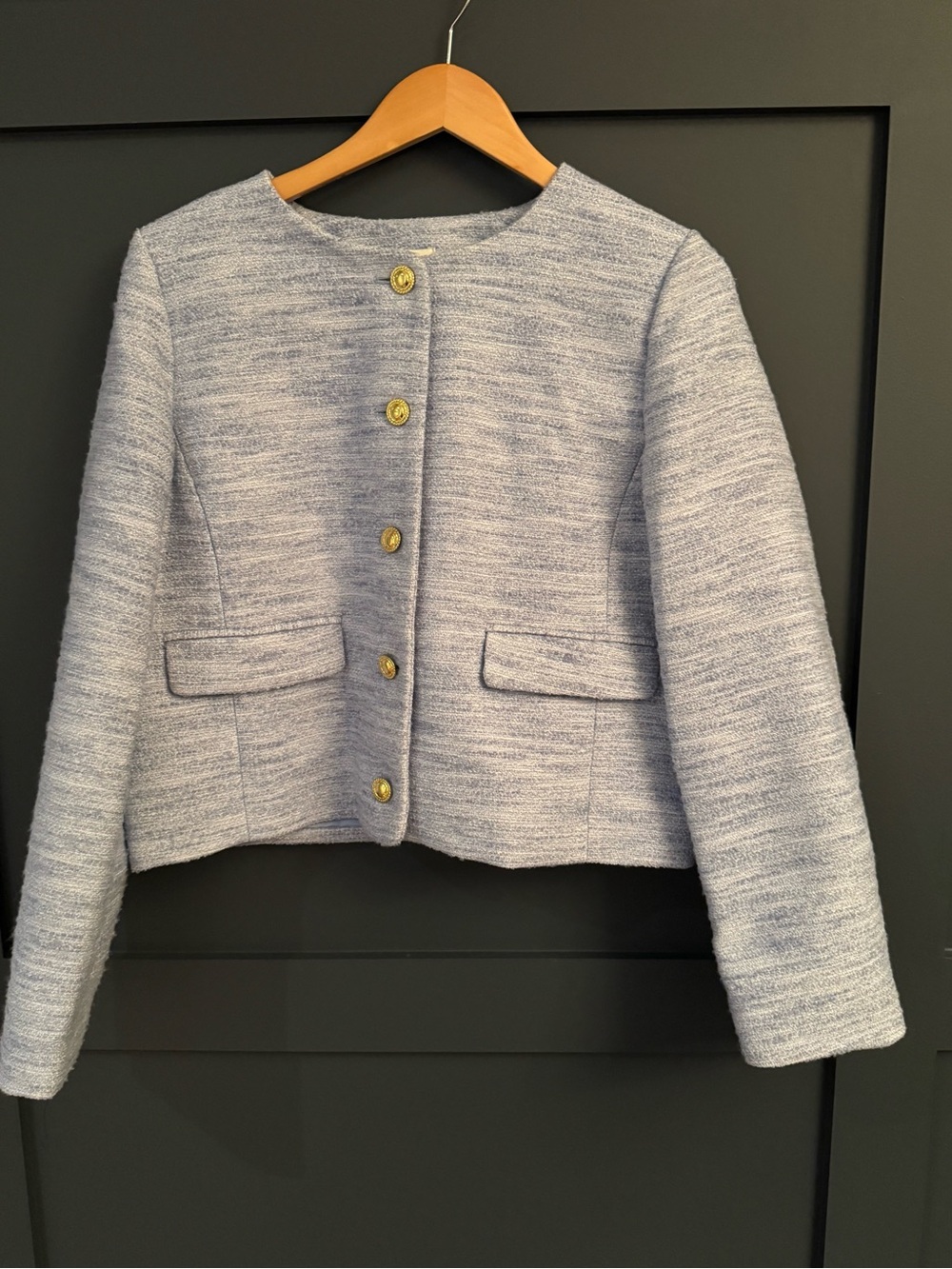 J. Crew Light Blue Tweed Cropped Blazer with Gold Buttons